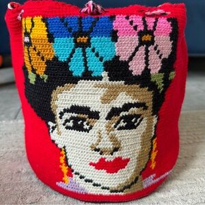 Frida Kahlo Tote Wayuu Shoulder Bag Red handmade Colombian